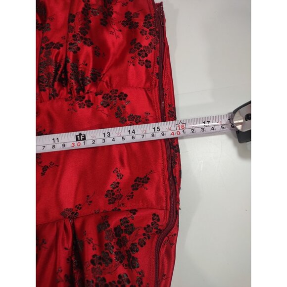 Y2K Red Halter Midi Gothic Satin Valentine's Day Prom Floral Jacquard Dress - L - Picture 12 of 16